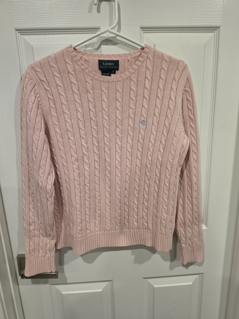 Lauren Ralph Lauren Women's Light Pink Cable-Knit Crewneck Sweater Size-M - Picture 6 of 9